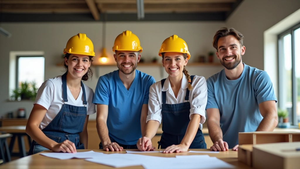 Verschiedene Fachkräfte in unterschiedlichen Berufen arbeiten nebeneinander in einem modernen Büro- und Werkstattumfeld
