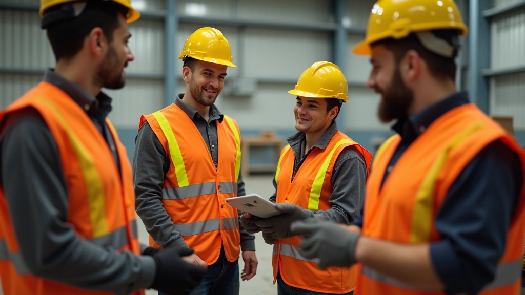 Gruppe von Handwerkern und Techniker in Sicherheitswesten in einer Baustelle oder Fabrik, zusammenarbeitend, diverse Team