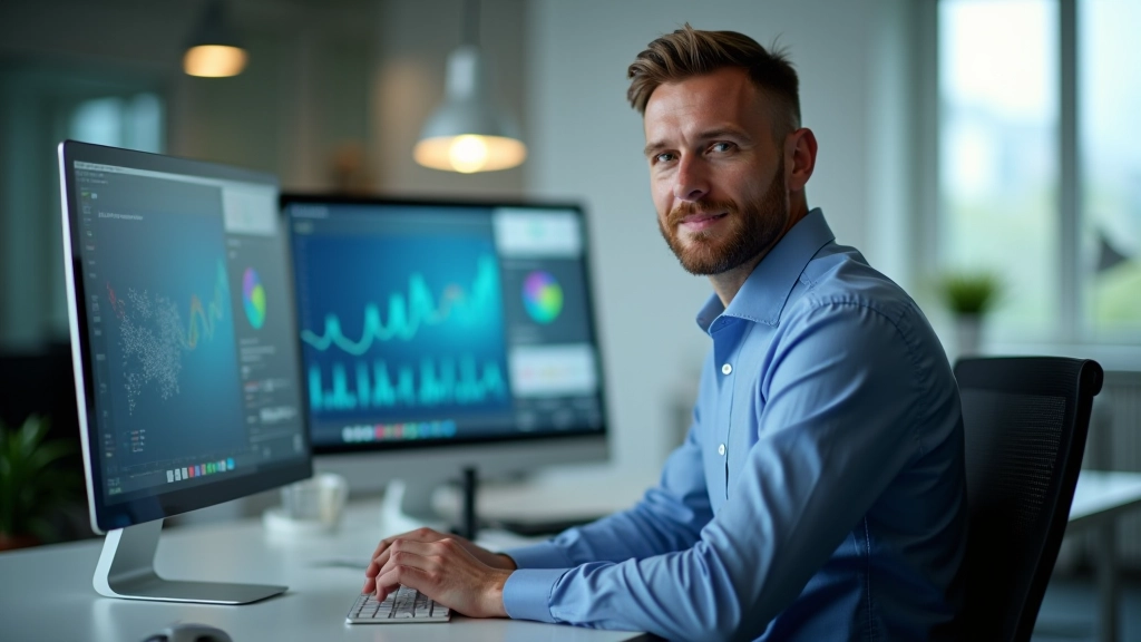 Stefan Bergmann bei der Arbeit an Arbeitsmarktanalysen, modernes Büro mit Computern und Datenvisualisierungen