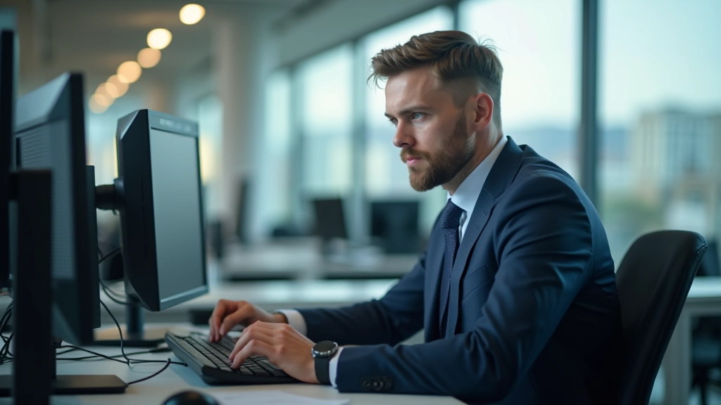 Mitarbeiter der Bundesagentur für Arbeit an einem modernen Schreibtisch mit mehreren Monitoren in einem hellen Büro