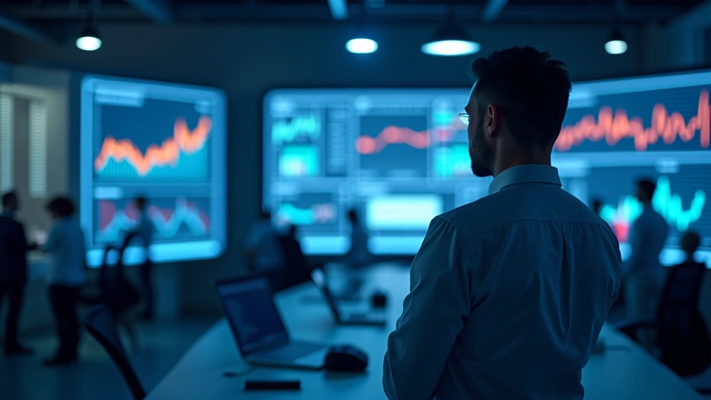 Arbeitsmarkt-Daten werden auf großen Bildschirmen in einem modernen Analysezentrum angezeigt, mit farbigen Graphen und Statistiken