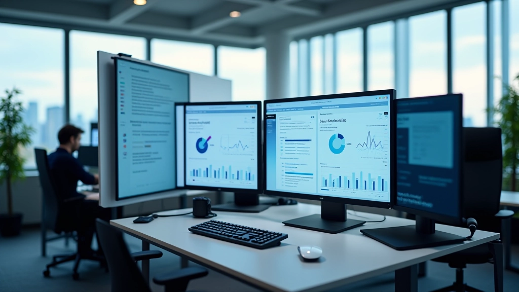 Modernes Büro mit Datenanalyse-Bildschirmen und Arbeitsmarkt-Statistiken