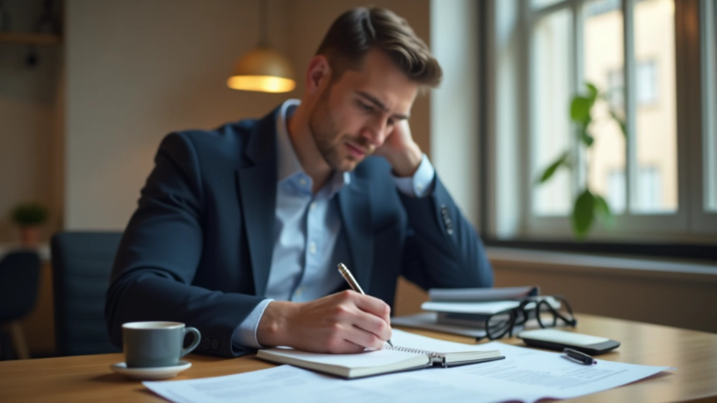 Person macht sich Notizen in einem Notizbuch neben einer Tasse Kaffee und Ausdrucken mit Arbeitsmarkt-Statistiken