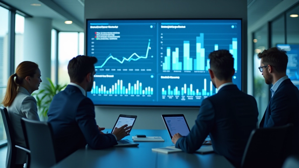Team analysiert Arbeitsmarktdaten auf großem Monitor