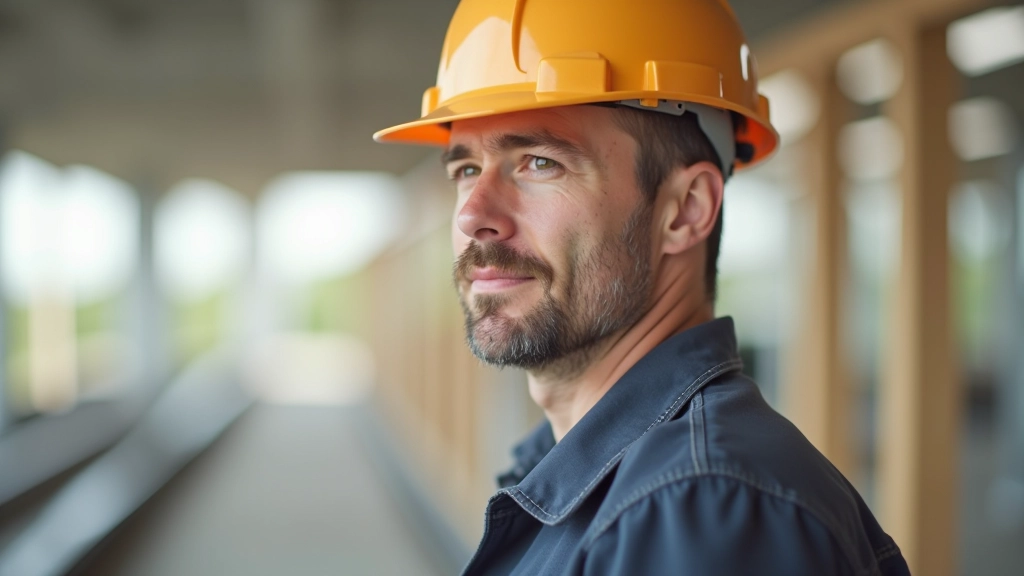 Handwerker bei der Arbeit auf einer Baustelle, konzentriert bei technischen Aufgaben, helles Licht
