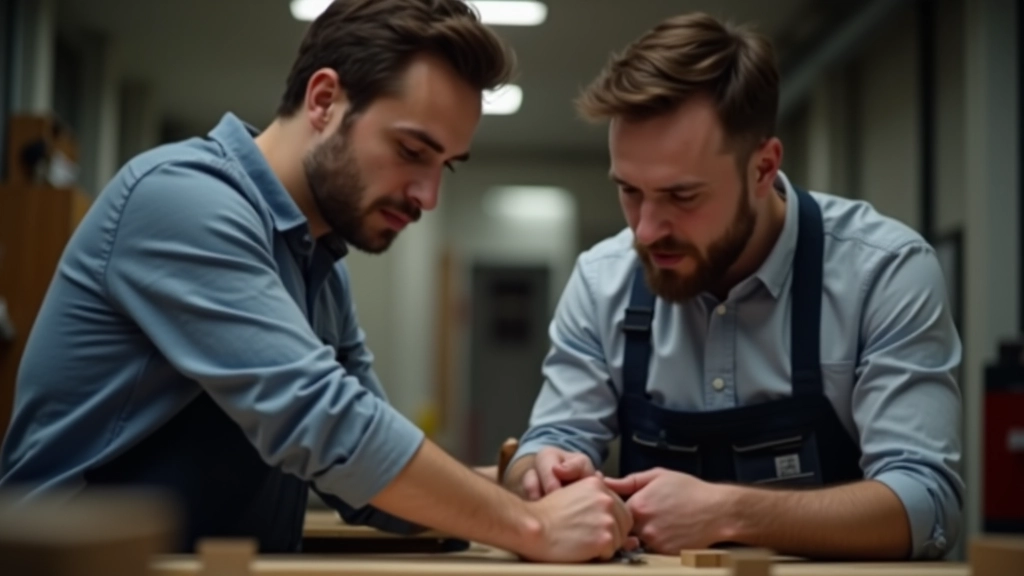 Junge Auszubildende arbeitet konzentriert an ihrer Ausbildung unter Anleitung eines erfahrenen Meisters in einer modernen Werkstatt