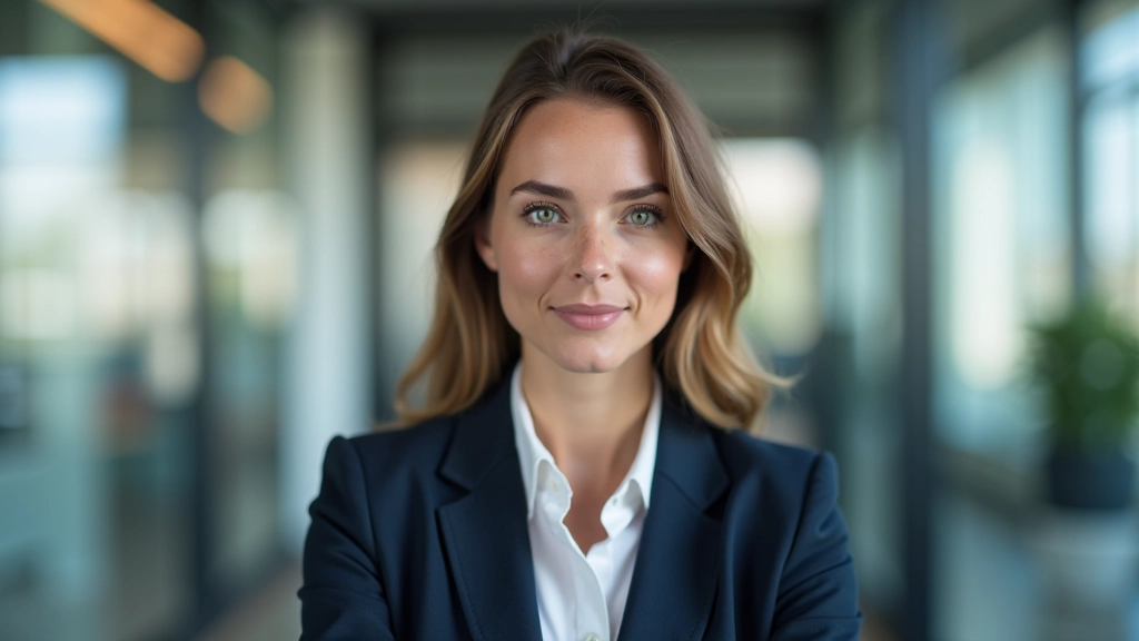 Junge professionelle Frau in Business-Kleidung, Portrait von Brust aufwärts, modernes Büro im Hintergrund, selbstbewusster Ausdruck